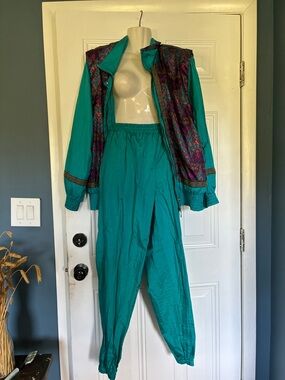 Vintage Teal Jumpsuit with Patterned Jacket